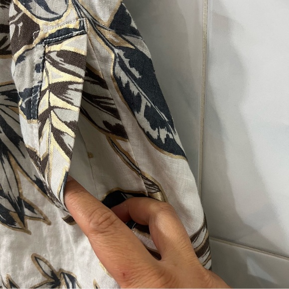 J Crew 0 Foil Leaf Zip Front 100% Linen Boho Chic Tropical Beachy A-Line Dress - Picture 9 of 16